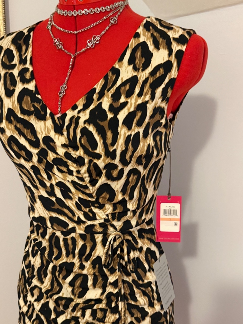 Vince Camuto Leopard Cheetah print ruched flounce wrap V neck Dress small 2
